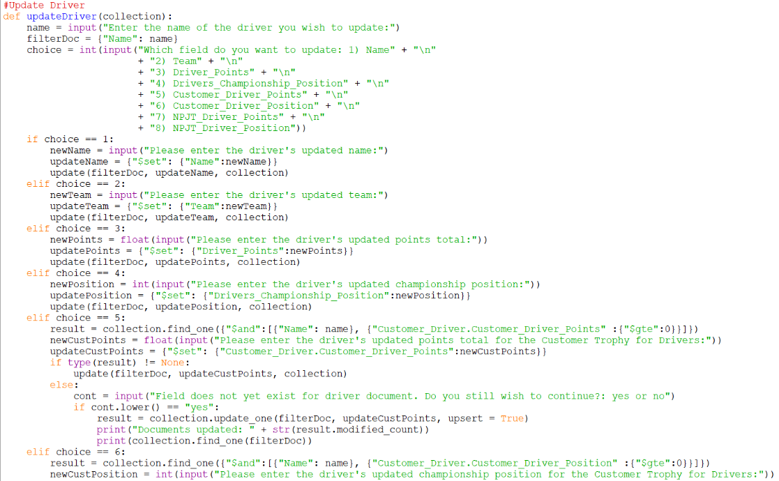 Screenshot of the first part of the function update driver in afepf_functions.py that takes users input, to update a field in a document that is stored in the Drivers collection in the Mongo DB Atlas server