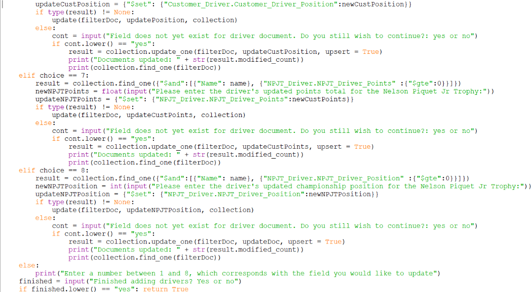 Screenshot of the second part of the function update driver in afepf_functions.py that takes users input, to update a field in a document that is stored in the Drivers collection in the Mongo DB Atlas server