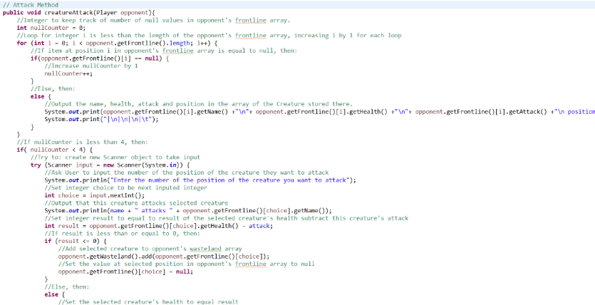 Screenshot of the first part of the attack behaviour method of the creature card class