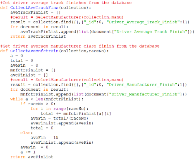 Screenshot of the second 2 Collect functions that get the data from the MongoDB collection, specifically driver's average finish at a track and their average finish in the manufacturer class