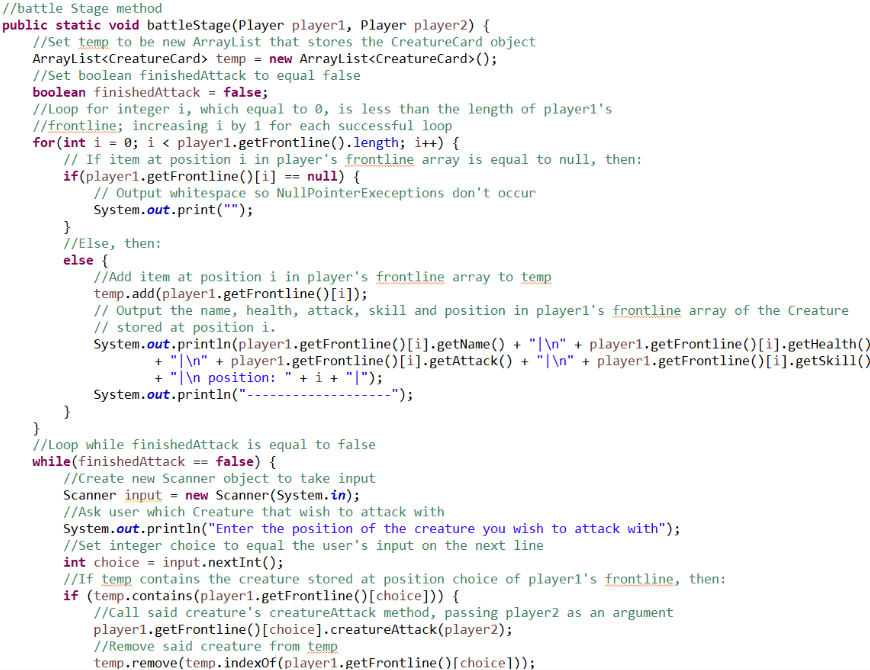 Screenshot of the first part of the revised battle stage method of the app class