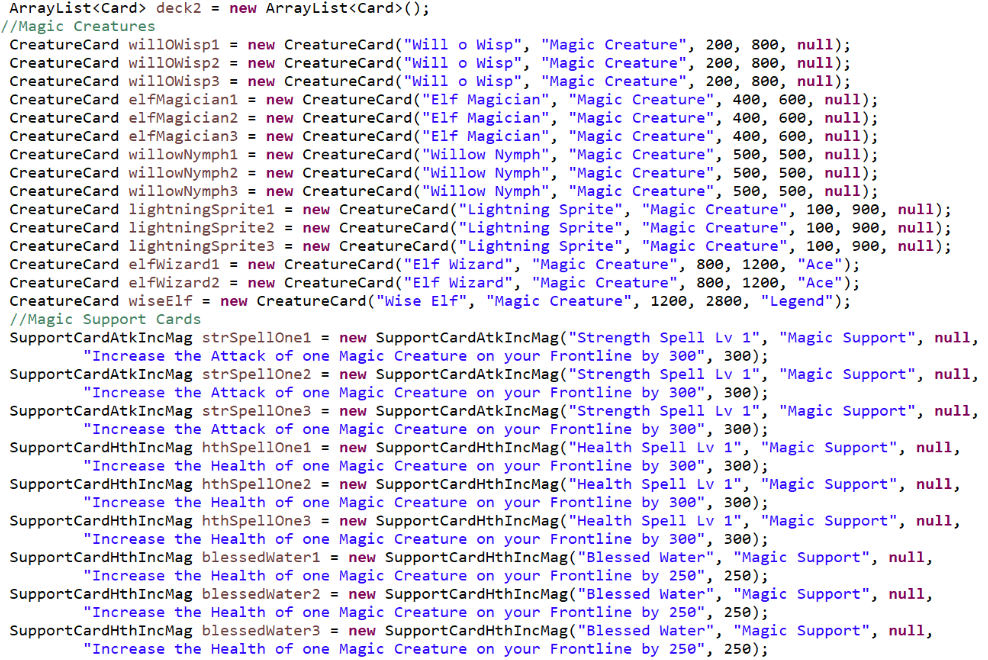 Screenshot of the first 24 cards and their details for the deck of player 2 from the deck load 2 method in the deck load class