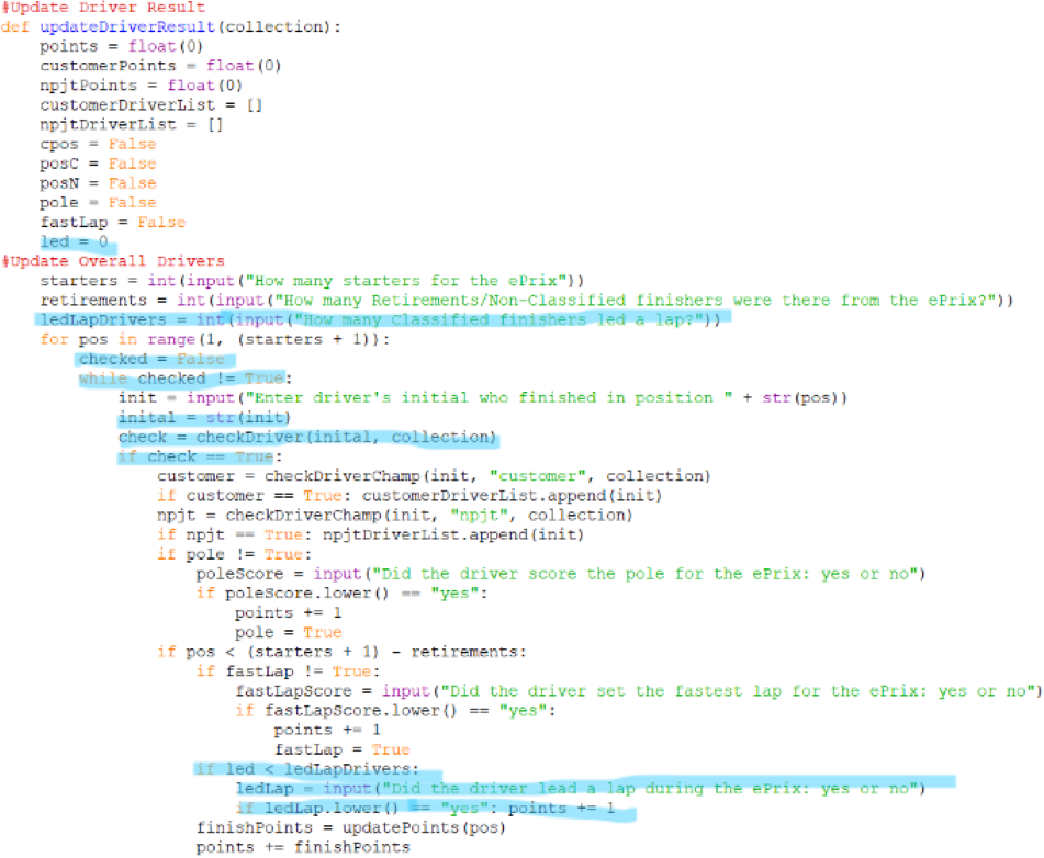 Screenshot of the updateDriverResult function in afepf_functions.py, which now:  asks for the number of classified finishes that led a lap so it asks about it that many times and checks if the value inputted for init is in the Driver collection and will not iterate any further if it is not