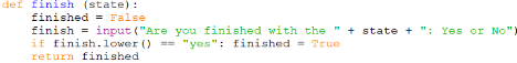 Screenshot of the function finish in afepf_viewer_program.py that takes a users input, to check if they are finished with either viewing a single competitor's details or the current standings for a championship, a Formula E season
