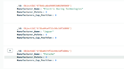 Screenshot of Mongo DB Atlas website displaying last 3 documents of the Manufacturers collection