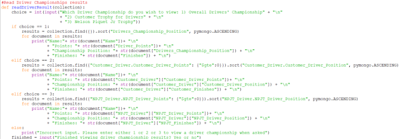 Screenshot of the first part of the function read_driver_result in afepf_functions.py that takes an users input, to output the name, points, championship position and finishes in the class that championship is for, for all documents that are stored in the Drivers collection in the Mongo DB Atlas server that have scored at least 0 points in that championship