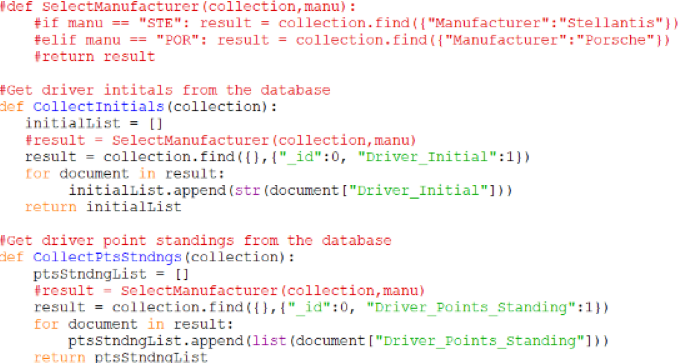 Screenshot of the first 2 Collect functions that get the data from the MongoDB collection, specifically driver initials and their point standings for an upcoming race
