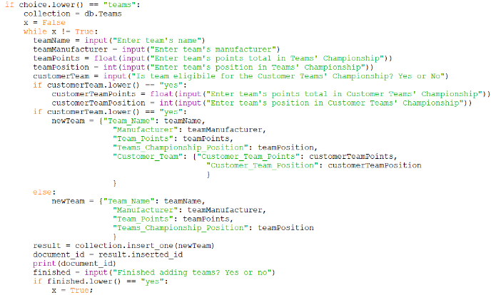 Screenshot of the code in afepf_admin_program.py that takes users input, stores it in a dictionary and inserts it into the Teams collection in the Mongo DB Atlas server