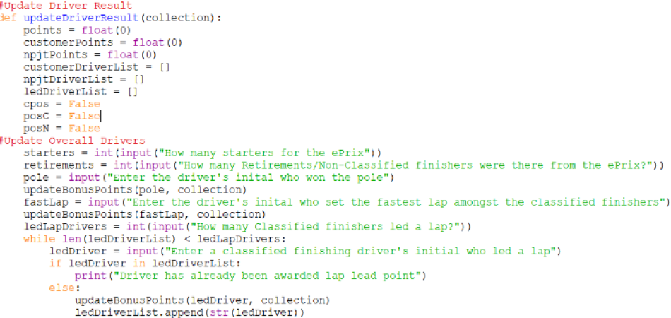 Screenshot of the updateDriverResult function in afepf_functions.py, which now asks for the recipients of the bonus points and updates the database accordingly